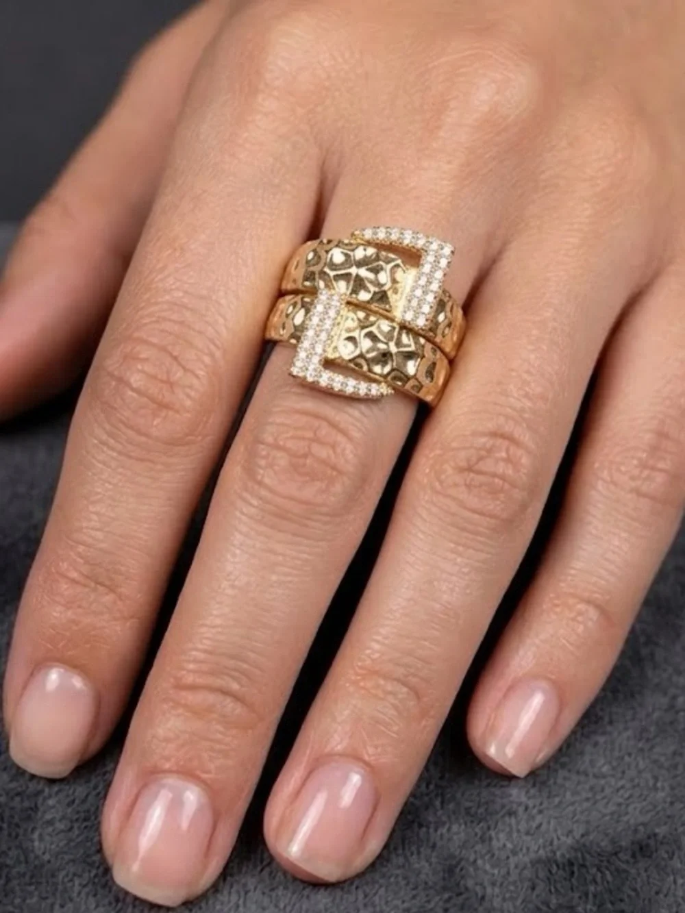 New 14k Gold Filled Nugget Buckle Ring with Pavé Accents- Adjustable.